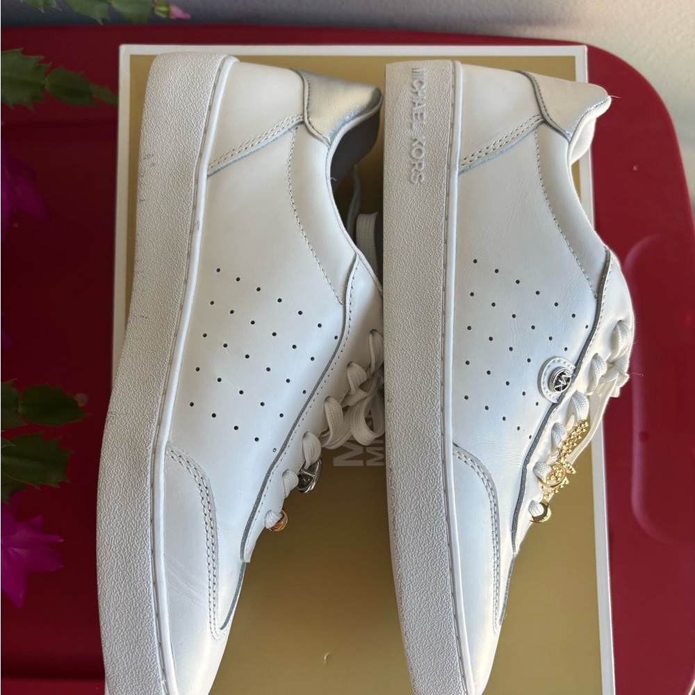 Michael Kors White Leather Sneakers with Gold & Silver Hardware - Picture 6 of 7